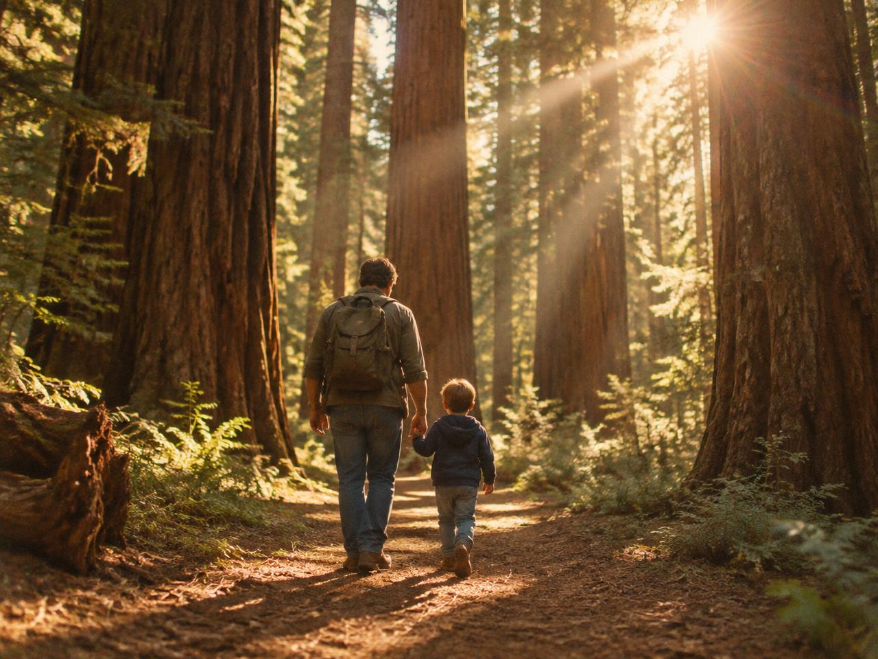 Father and son walking in the redwoods